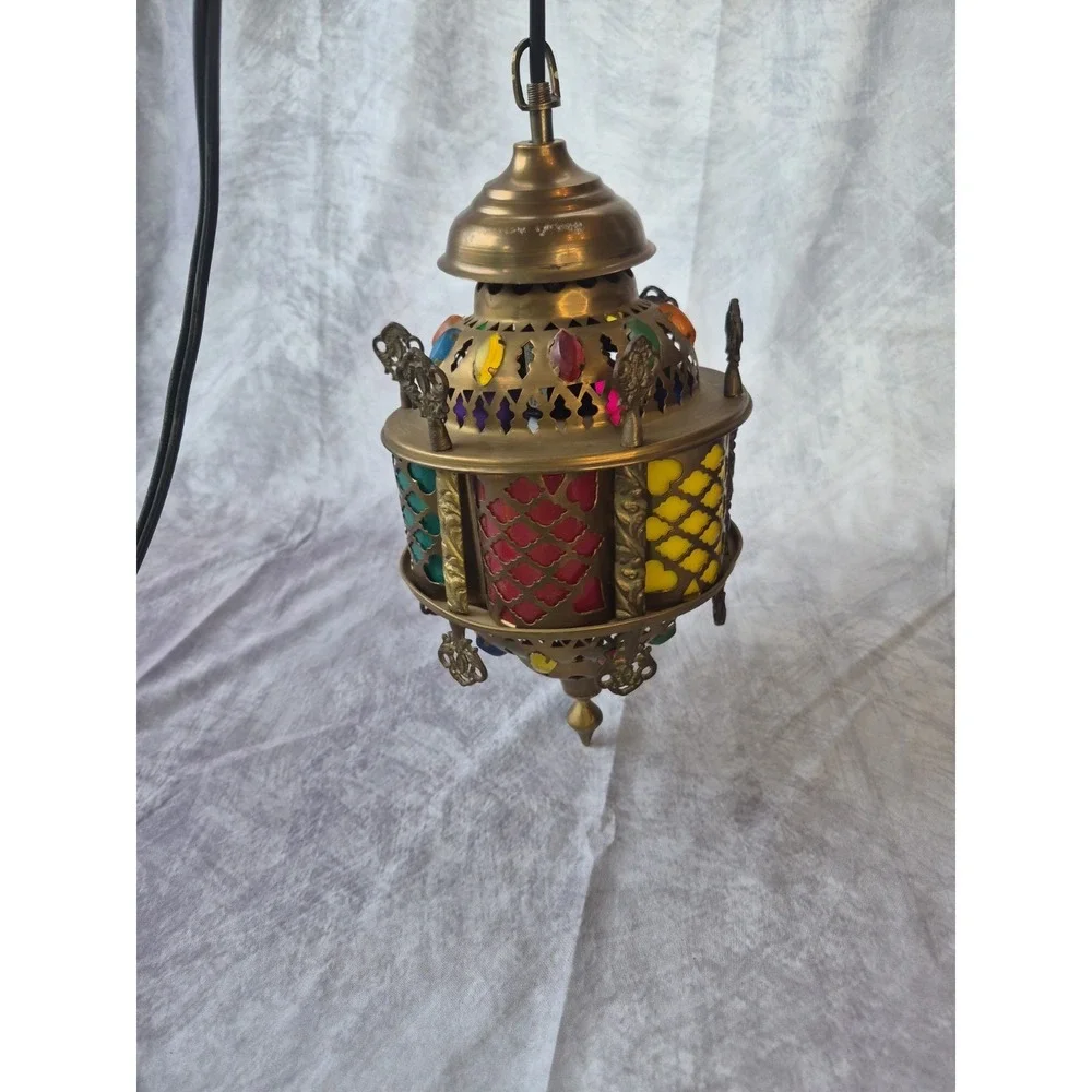 Vintage Moroccan Hanging Lamp Boho Swag Light Pierced Metal Color Glass